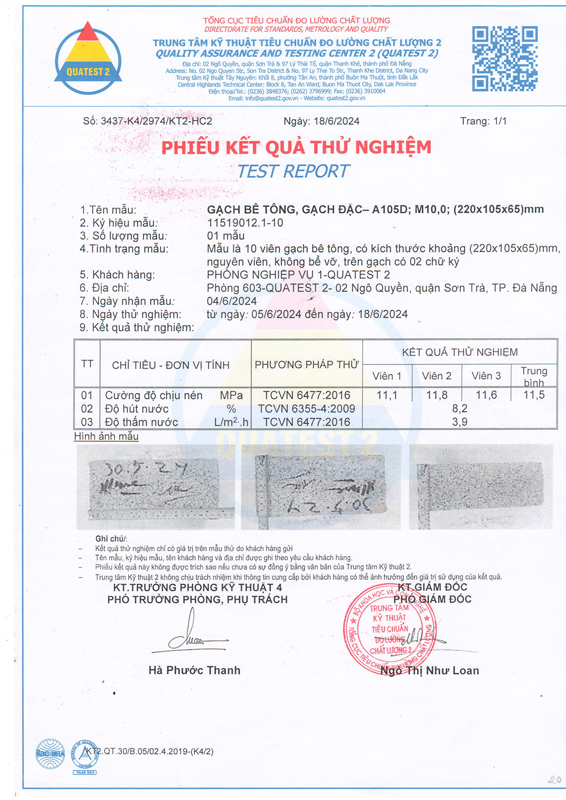 Phiếu kết quả thử nghiệm