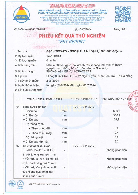 Phiếu kết quả thử nghiệm