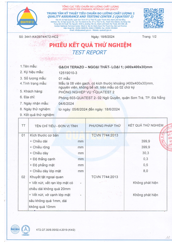 Phiếu kết quả thử nghiệm