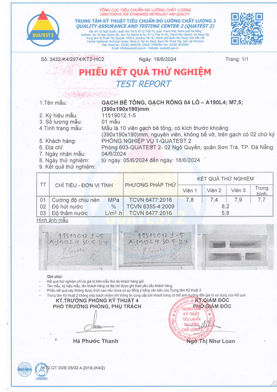 Phiếu kết quả thử nghiệm