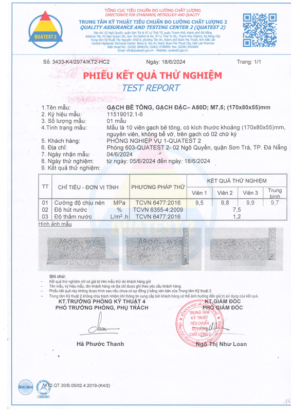 Phiếu kết quả thử nghiệm