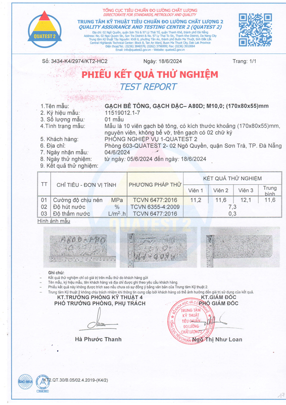 Phiếu kết quả thử nghiệm