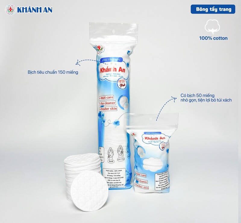 Bông tẩy trang Khánh An gói 150 miếng (ép mặt bông) - Khẩu Trang Y Tế Khánh An - Công Ty Cổ Phần Thương Mại Thiết Bị Khánh An