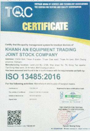 Chứng nhận ISO 13485:2016 - Khẩu Trang Y Tế Khánh An - Công Ty Cổ Phần Thương Mại Thiết Bị Khánh An