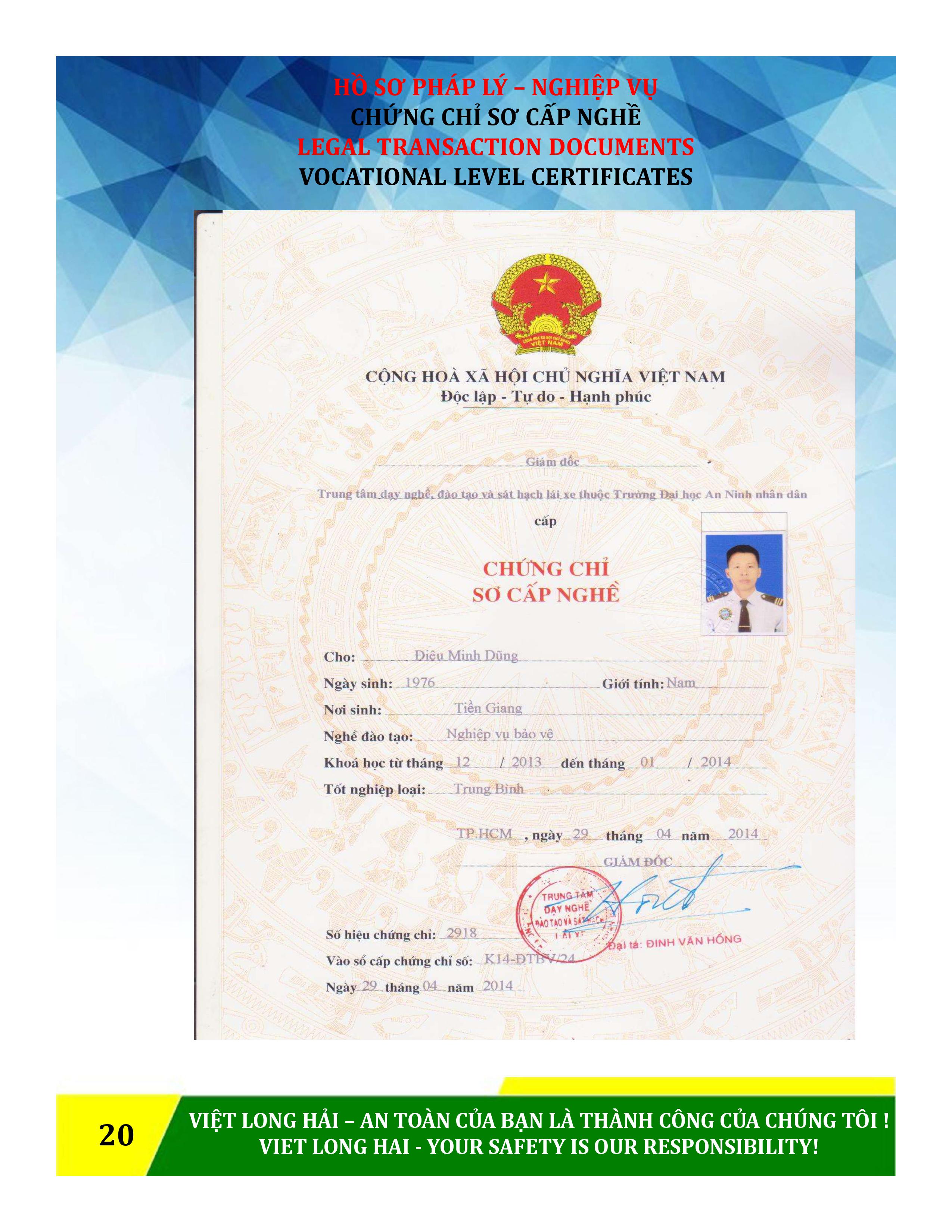 Hồ sơ pháp lý nghiệp vụ - Bảo Vệ Việt Long Hải - Công Ty TNHH Dịch Vụ Bảo Vệ An Ninh Việt Long Hải