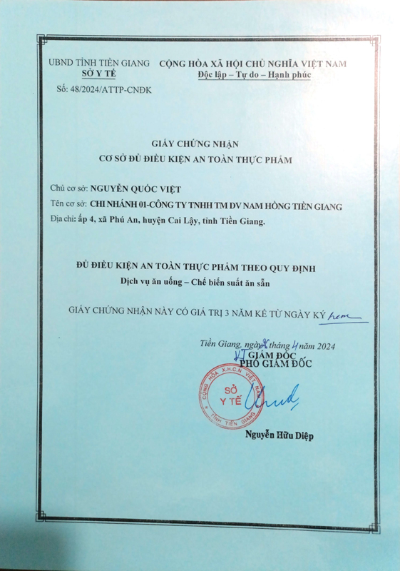 Giấy chứng nhận ATVSTP chi nhánh