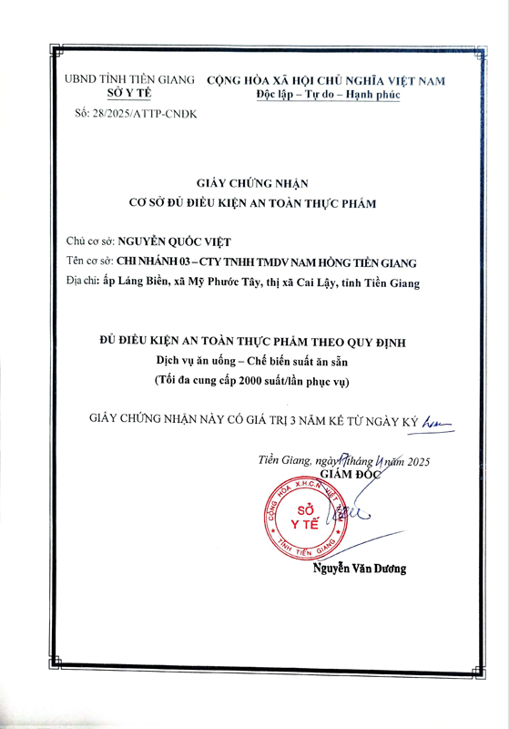 Giấy chứng nhận ATVSTP chi nhánh