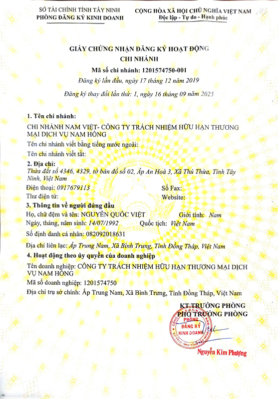 Giấy phép kinh doanh chi nhánh Nam Việt