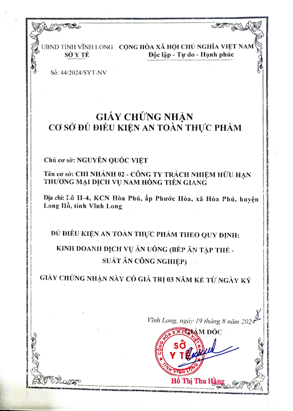 Giấy chứng nhận ATVSTP chi nhánh
