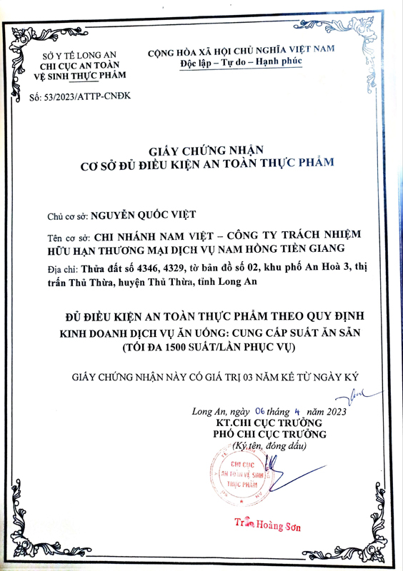 Giấy chứng nhận ATVSTP chi nhánh Nam Việt