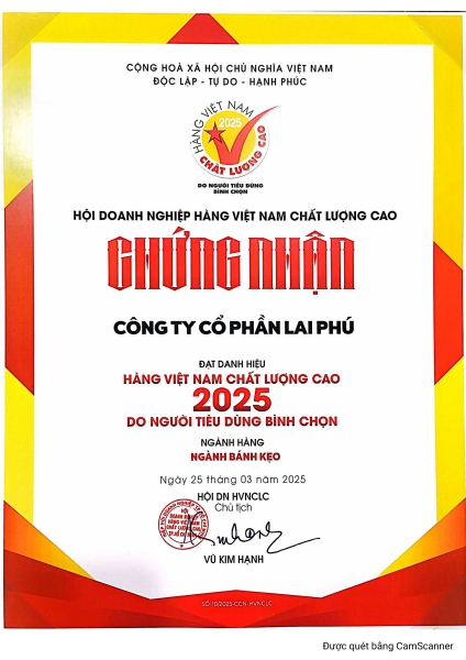 Chứng chỉ chứng nhận - Nước Giải Khát Lai Phú - Công Ty TNHH Nước Giải Khát Lai Phú