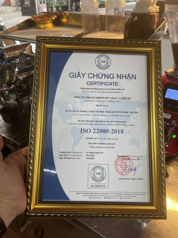 Chứng nhận ISO 22000:2018 - Cà Phê 287 - Công Ty Trách Nhiệm Hữu Hạn Cà Phê 287