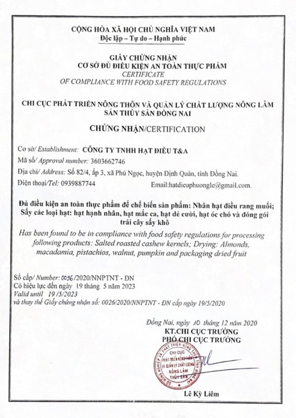 Giấy chứng nhận an toàn thực phẩm - Hạt Dinh Dưỡng T&A Food - Công Ty TNHH T&A Food