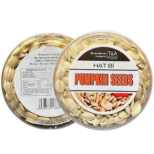 Hạt bí (còn vỏ, rang muối) hộp meka tròn 200gr - Hạt Dinh Dưỡng T&A Food - Công Ty TNHH T&A Food