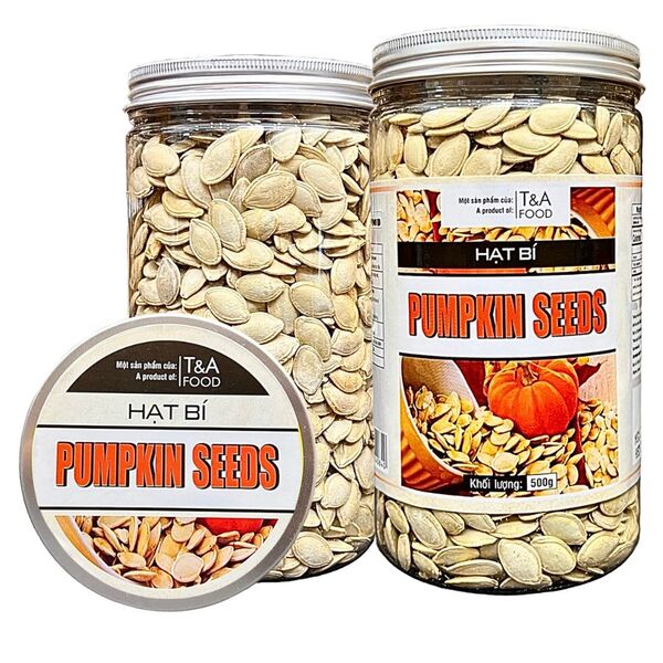 Hạt bí (còn vỏ, rang muối) hộp nắp nhôm 500gr - Hạt Dinh Dưỡng T&A Food - Công Ty TNHH T&A Food