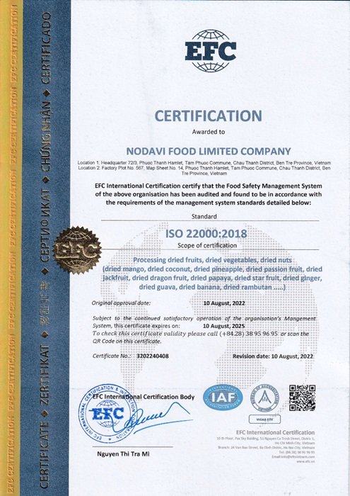 ISO 22000:2018 - Hoa Quả Sấy NODAVI - Công Ty TNHH Thực Phẩm Nodavi