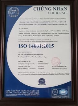 Chứng nhận ISO 14001:2015 - Khay Giấy Honha Eco Pulp Việt Nam - Công Ty TNHH Công Nghệ Đóng Gói Honha Eco Pulp Việt Nam