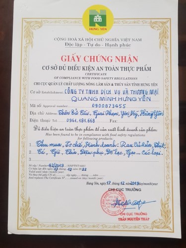 Chứng nhận - Suất Ăn Công Nghiệp Quang Minh Hưng Yên - Công Ty TNHH Dịch Vụ Và Thương Mại Quang Minh Hưng Yên