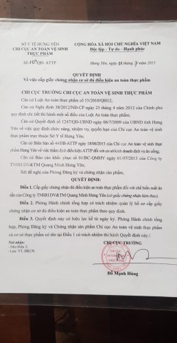 Chứng nhận - Suất Ăn Công Nghiệp Quang Minh Hưng Yên - Công Ty TNHH Dịch Vụ Và Thương Mại Quang Minh Hưng Yên