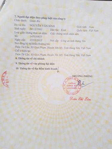 Giấy đăng ký kinh doanh - Suất Ăn Công Nghiệp Quang Minh Hưng Yên - Công Ty TNHH Dịch Vụ Và Thương Mại Quang Minh Hưng Yên