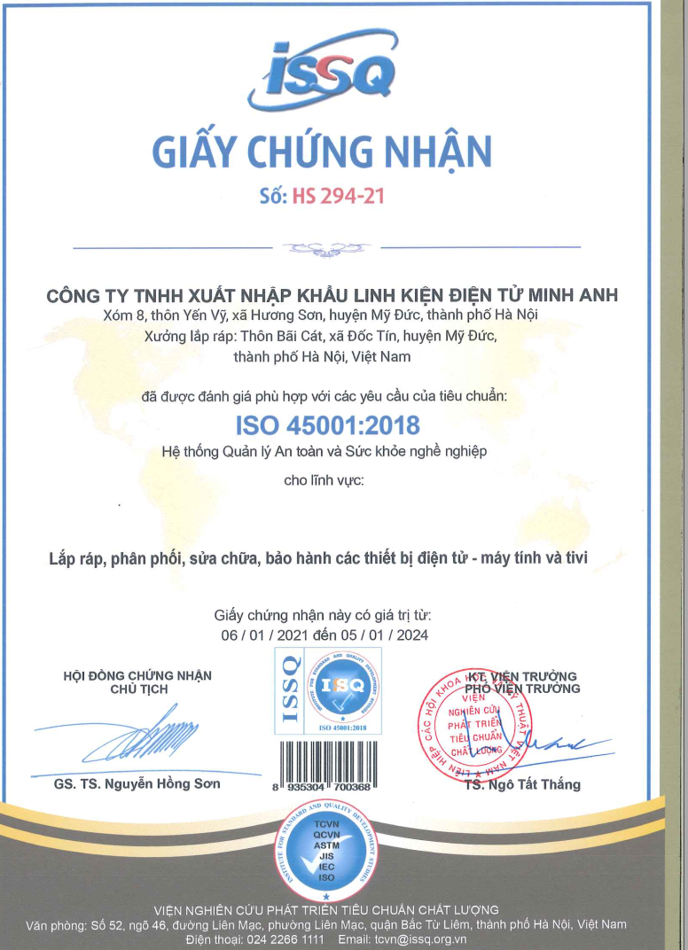 Chứng chỉ, chứng nhận - Công Ty TNHH Xuất Nhập Khẩu Linh Kiện Điện Tử Minh Anh