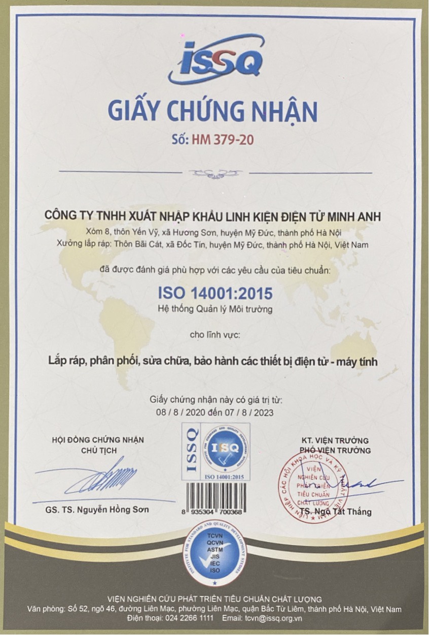 Chứng chỉ, chứng nhận - Công Ty TNHH Xuất Nhập Khẩu Linh Kiện Điện Tử Minh Anh