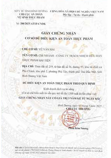 Giấy chứng nhận cơ sở đủ điều kiện an toàn thực phẩm