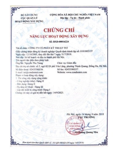 Chứng nhận - Tổng Thầu Xây Dựng TST - Công Ty Cổ Phần Kỹ Thuật TST