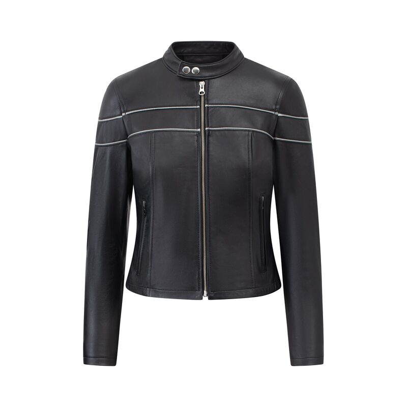 Áo da nữ dê Racer phối gân trắng tay khóa dạng suông - FTT Leather - Công Ty Cổ Phần KJ Việt Nam