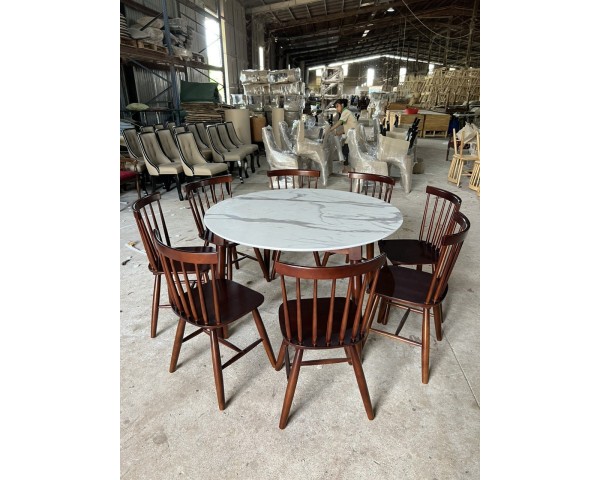 Bộ bàn tròn mặt giả đá 8 ghế 7 nan