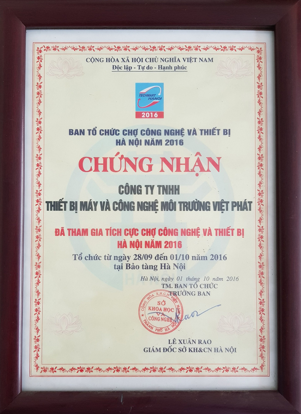 Bằng khen - Hệ Thống Xử Lý Nước Thải Việt Phát - Công Ty TNHH Thiết Bị Máy Và Công Nghệ Môi Trường Việt Phát