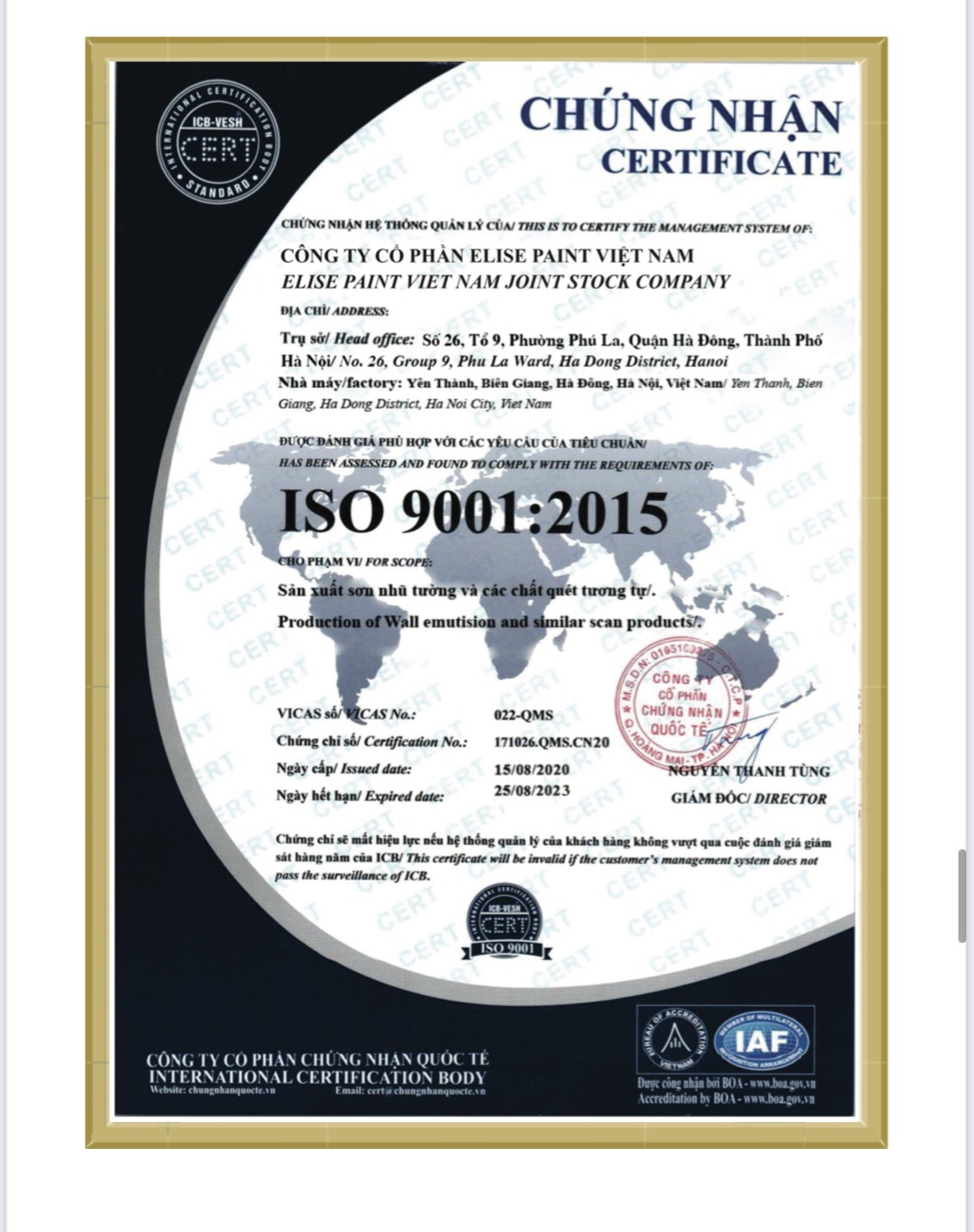 Chứng nhận ISO 9001:2015 - Công Ty Cổ Phần Elise Paint Việt Nam