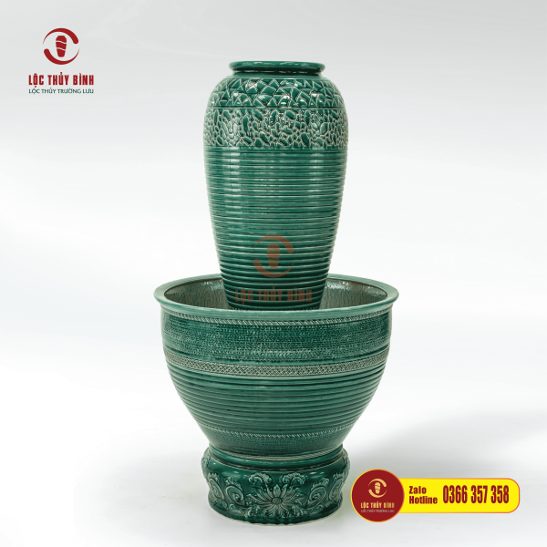 Bộ Đơn Lu Nước Phong Thuỷ Vân Kẻ Đá Xanh S1 Chậu Tròn