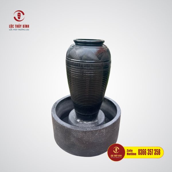 Bộ Đơn Lu Nước Phong Thuỷ Đen Hoa Sen Chậu Tròn