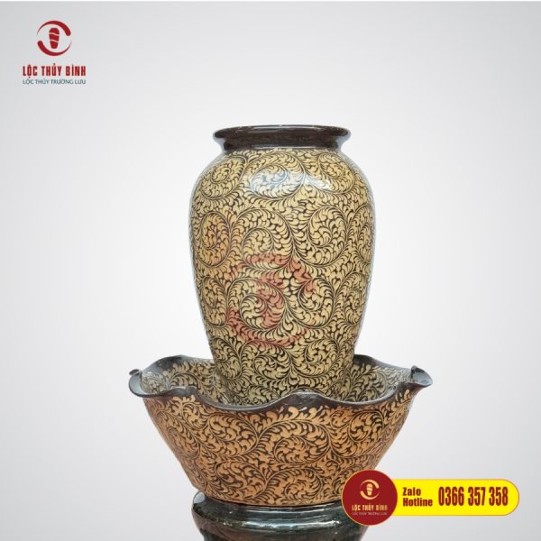 Bộ Đơn Lu Nước Phong Thuỷ Hoa Dây Cuộn Tròn Vàng 60cm
