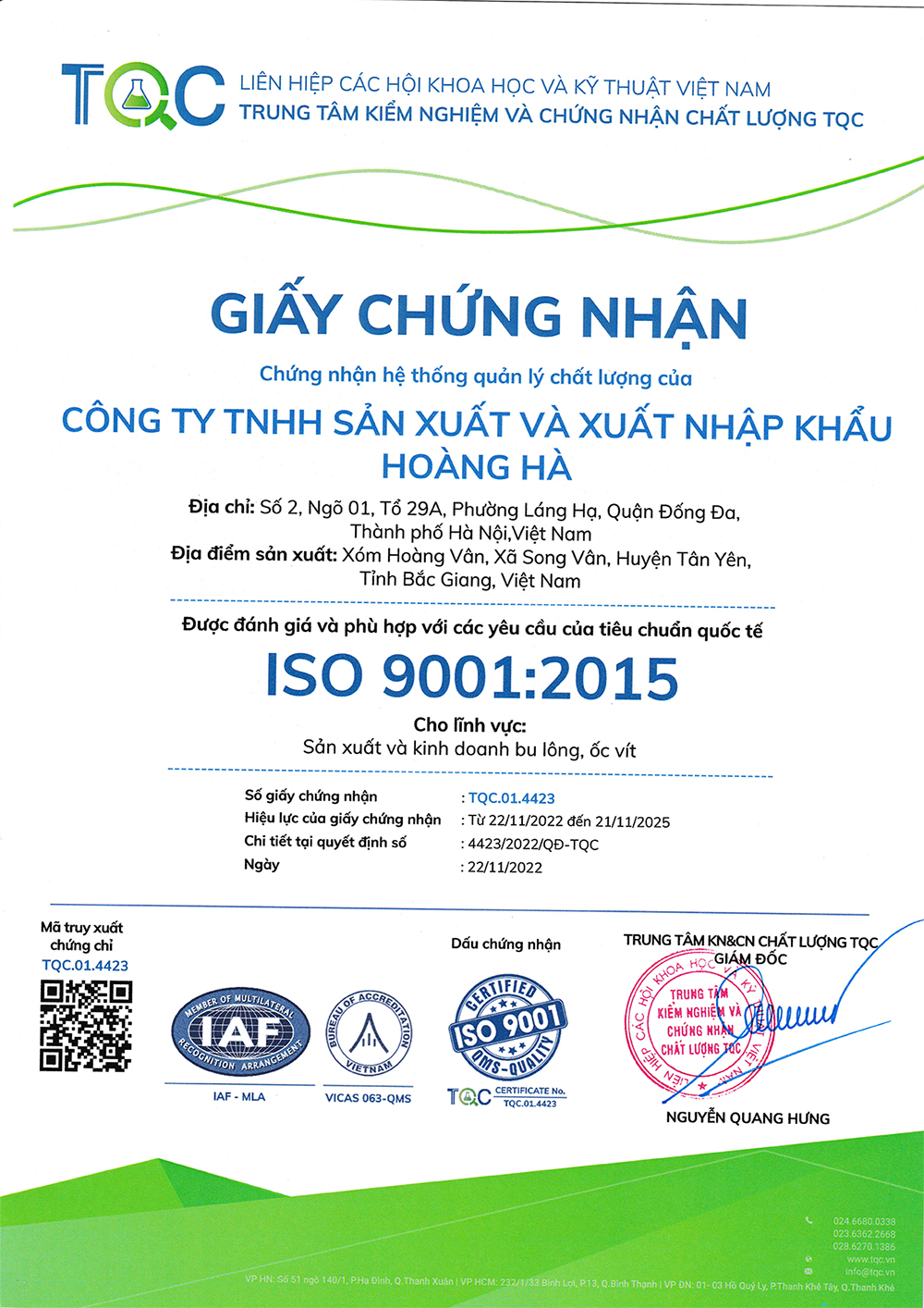 Chứng nhận ISO 9001:2015 - Bu Lông ốc Vít Hoàng Hà - Công Ty TNHH Sản Xuất Và Xuất Nhập Khẩu Hoàng Hà