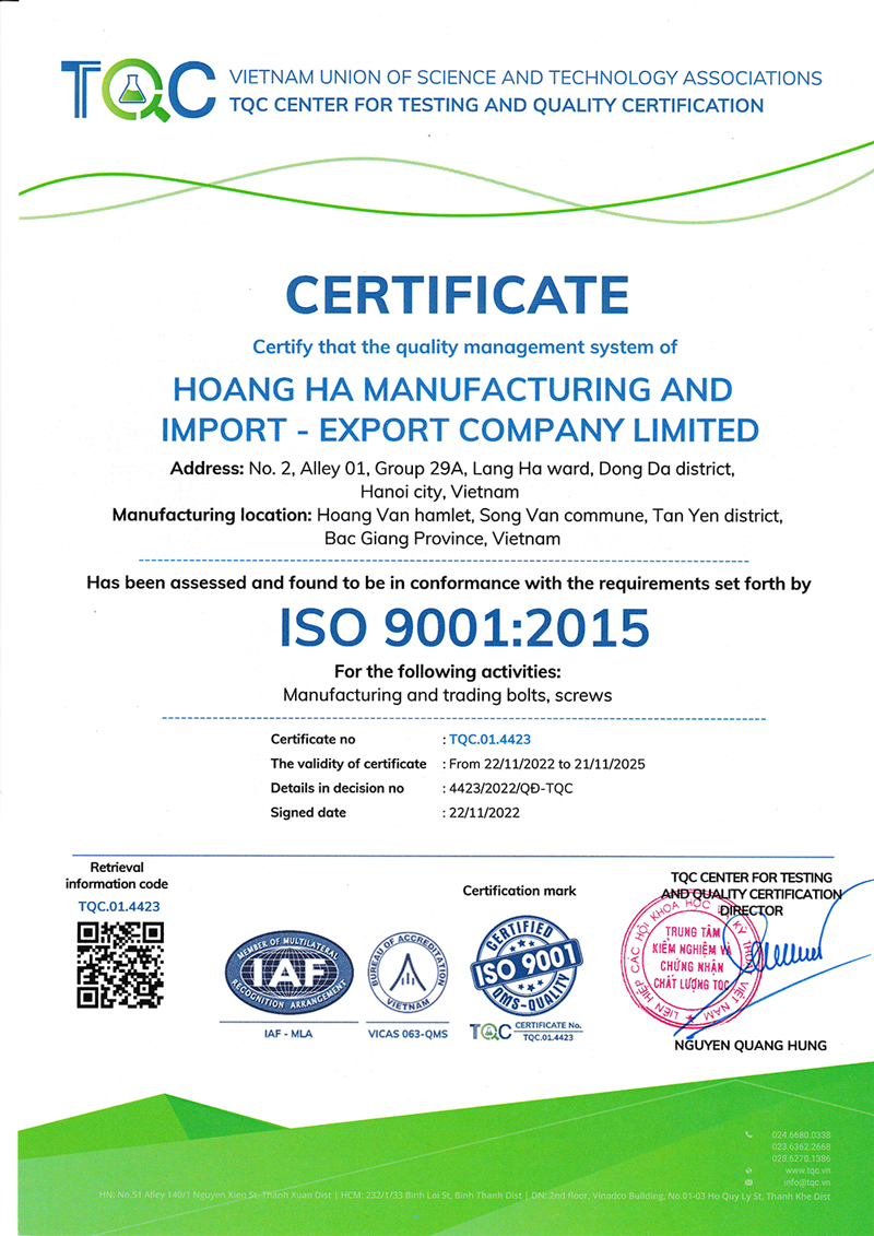 Chứng nhận ISO 9001:2015 - Bu Lông ốc Vít Hoàng Hà - Công Ty TNHH Sản Xuất Và Xuất Nhập Khẩu Hoàng Hà