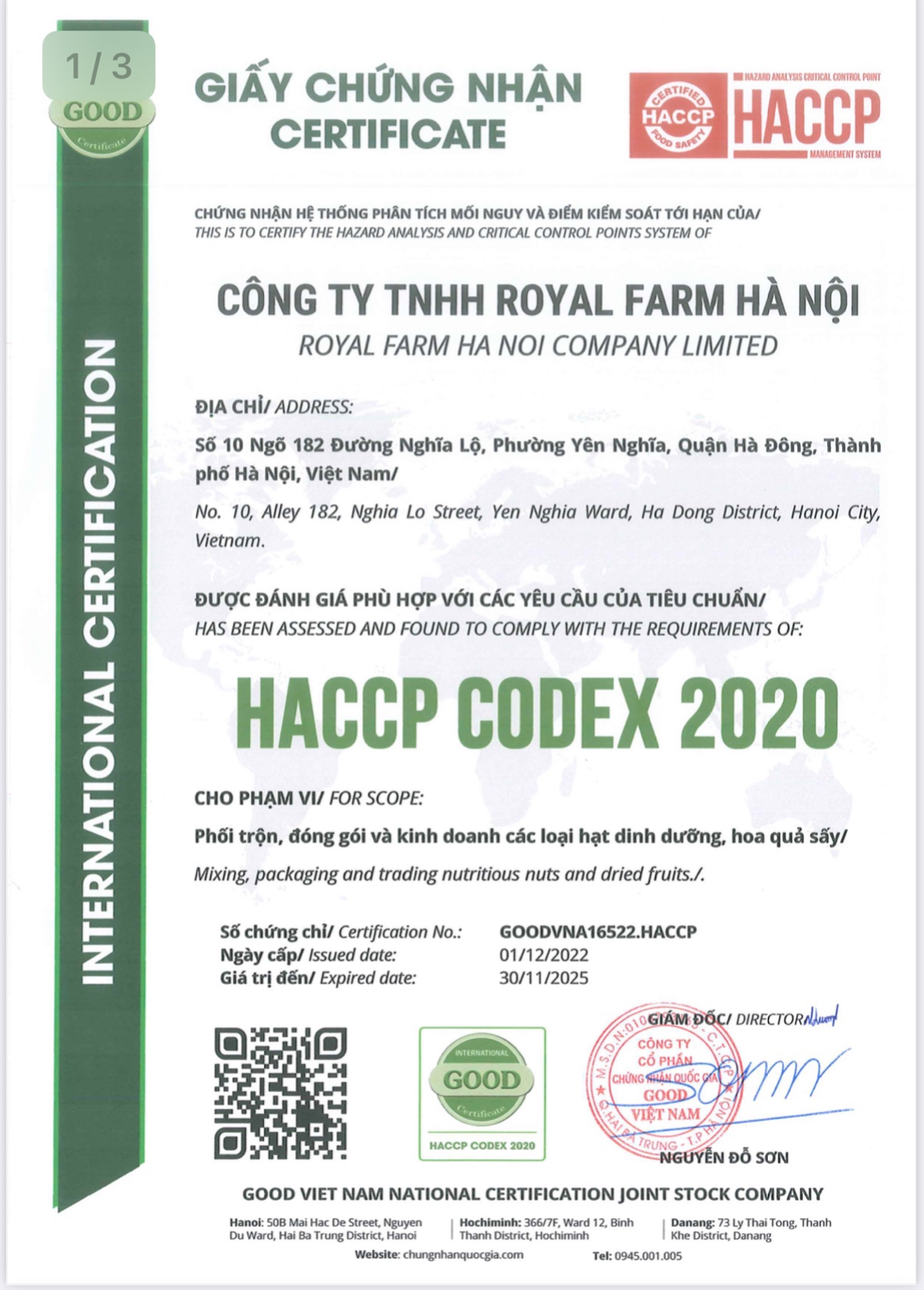Chứng nhận HACCP - Công Ty TNHH Royal Farm Hà Nội