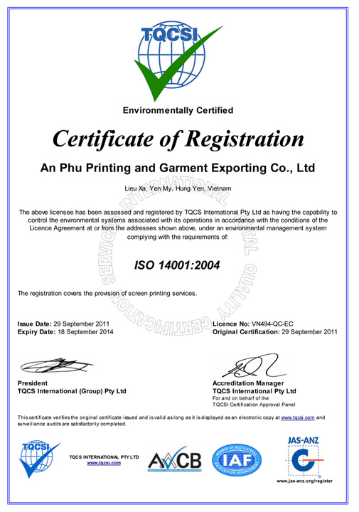 Chứng nhận ISO 14001:2004 - In May Mặc An Phú - Công Ty TNHH In Và May Mặc Xuất Khẩu An Phú