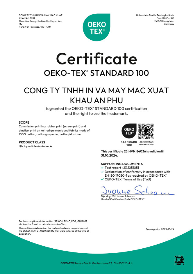 chứng nhận OEKO TEX - In May Mặc An Phú - Công Ty TNHH In Và May Mặc Xuất Khẩu An Phú