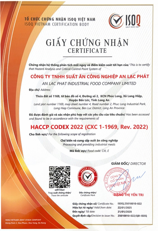 Chứng nhận HACCP Codex 2022 - Suất Ăn Công Nghiệp An Lạc Phát (Bến Lức - Long An) - Công Ty TNHH Suất ăn Công Nghiệp An Lạc Phát