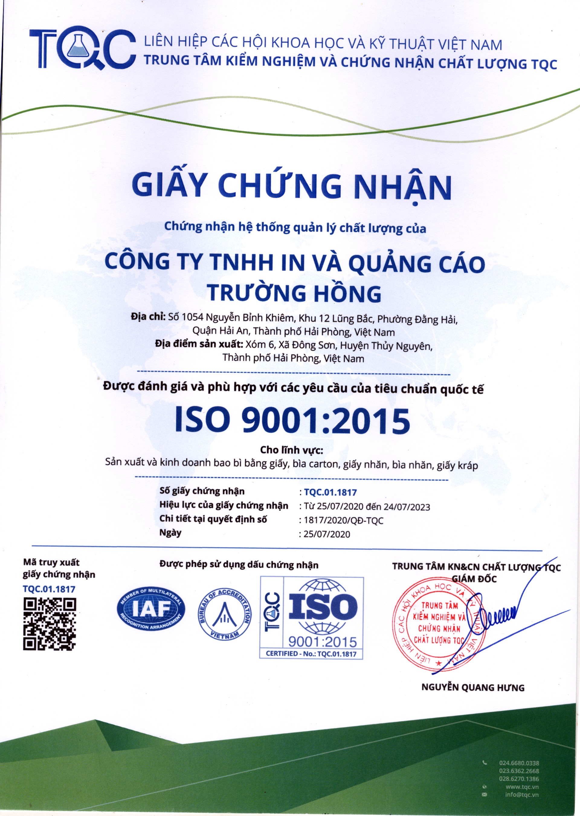 Giấy chứng nhận ISO  9001:2015 - Bao Bì Trường Hồng - Công Ty TNHH In Và Quảng Cáo Trường Hồng