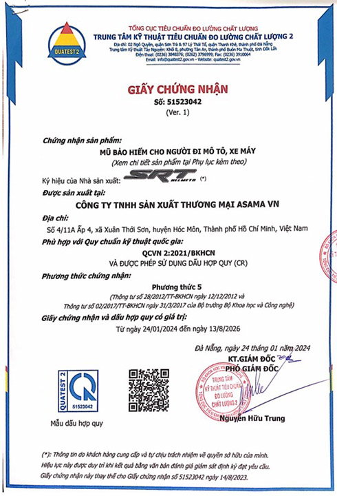 Quatest 2 Số 51523042 - Mũ Bảo Hiểm ASAMA VN - Công Ty TNHH Sản Xuất Thương Mại ASAMA VN