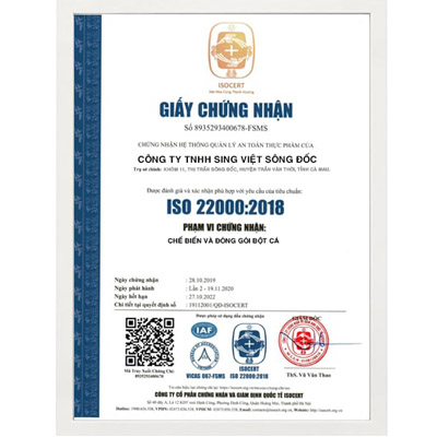 ISO 22000:2018 - Bột Cá Sing Việt - Công Ty TNHH Sing Việt Sông Đốc