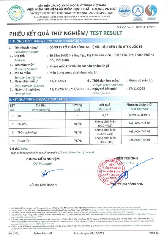 Bản test chống mốc gỗ - Chế Phẩm Và Phụ Gia Chống Mốc Toàn Diện GTS - Công Ty Cổ Phần Công Nghệ Vật Liệu Tiên Tiến GTS Quốc Tế