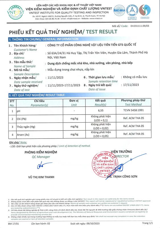 Bản test chống mốc nhà xưởng - Chế Phẩm Và Phụ Gia Chống Mốc Toàn Diện GTS - Công Ty Cổ Phần Công Nghệ Vật Liệu Tiên Tiến GTS Quốc Tế