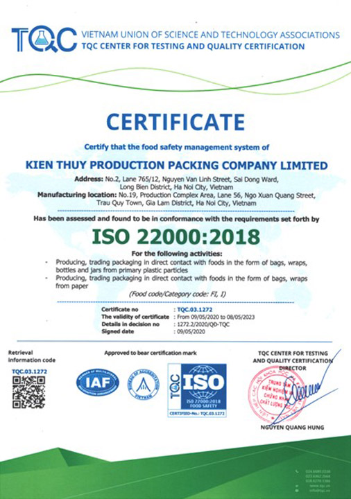 ISO 22000:2018 - Phụ Liệu May Mặc Kiên Thủy - Công Ty TNHH SX Bao Bì Kiên Thủy
