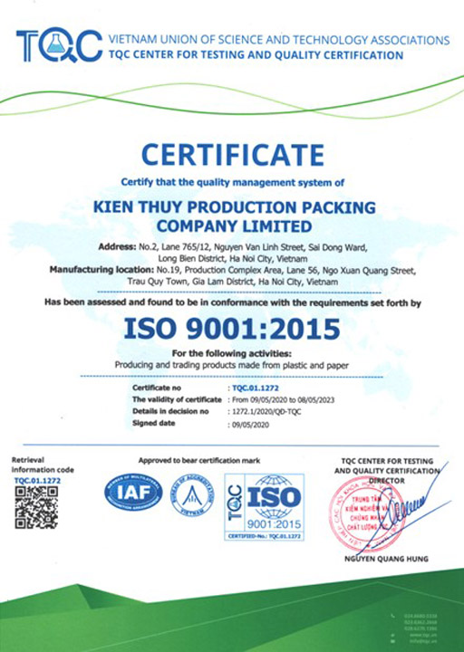 ISO 9001:2015 - Phụ Liệu May Mặc Kiên Thủy - Công Ty TNHH SX Bao Bì Kiên Thủy