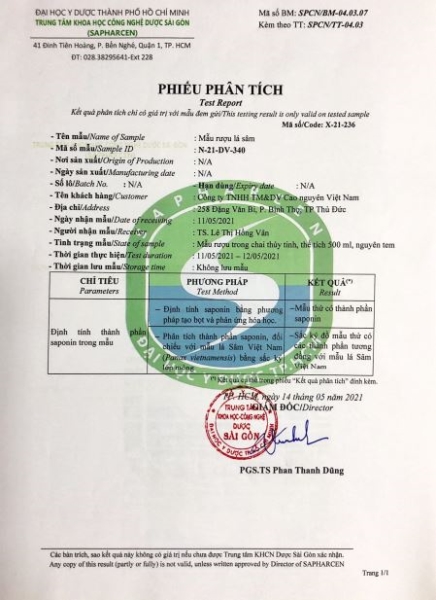 Kiểm định Rượu lá sâm Ngọc Linh - Chi Nhánh Công Ty TNHH TM DV Cao Nguyên Việt Nam