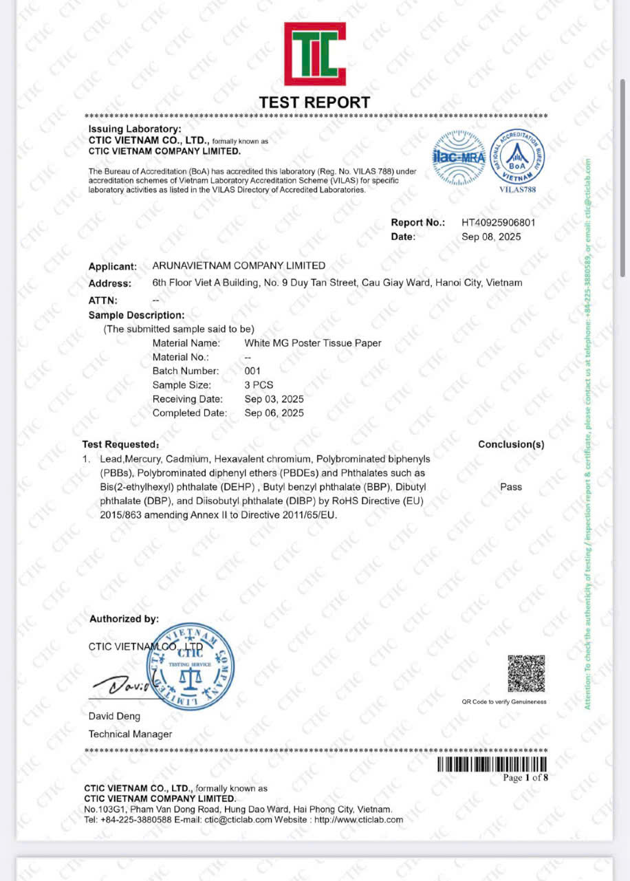 Chứng nhận - Giấy Chống ẩm Aruna - Công Ty TNHH Aruna Việt Nam